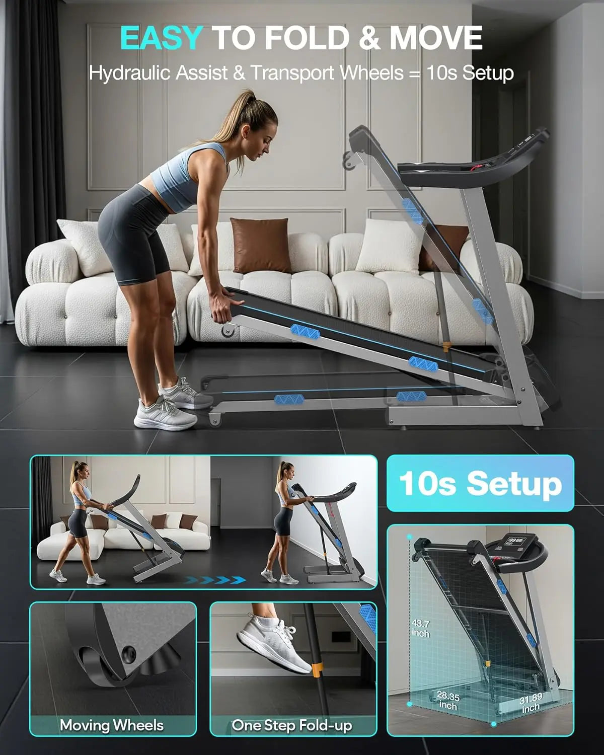Treadmill with 15% Auto Incline, 400lbs Treadmills with Handlebar for Home, Voice Control Mute Remote, Under Desk, Customized