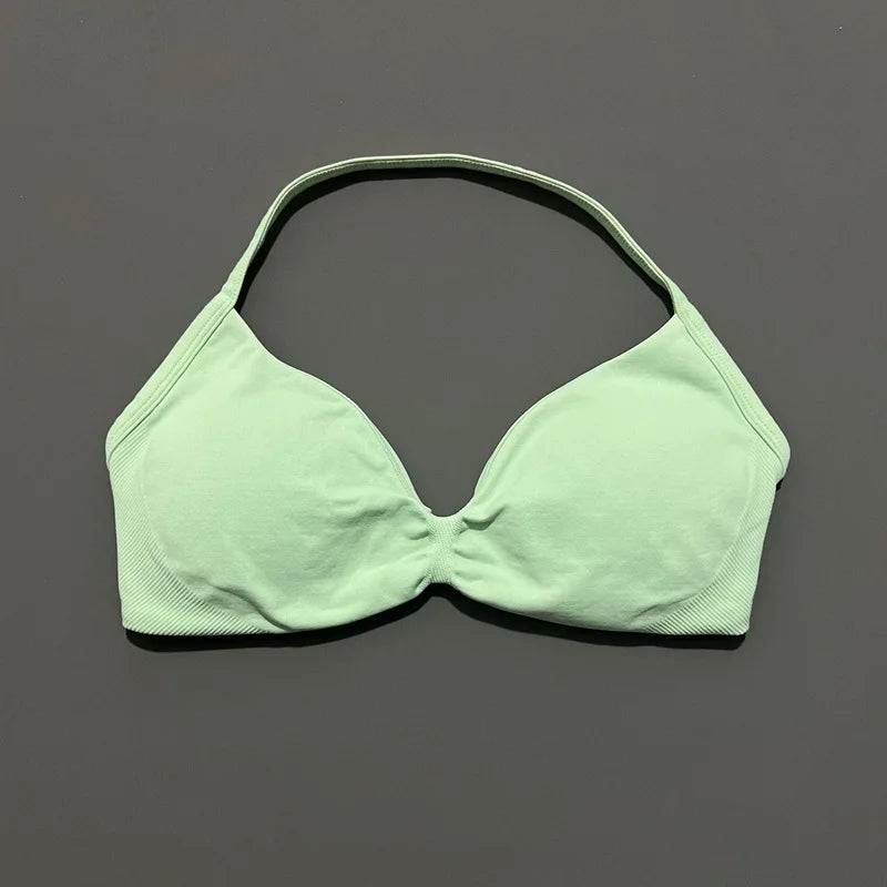 HISTELLO Impacts Strappy Bra Gym Top Women High Support Thin Strap Halter Sports Seamless Bra Scrunch Push-up Workout Yoga Tanks