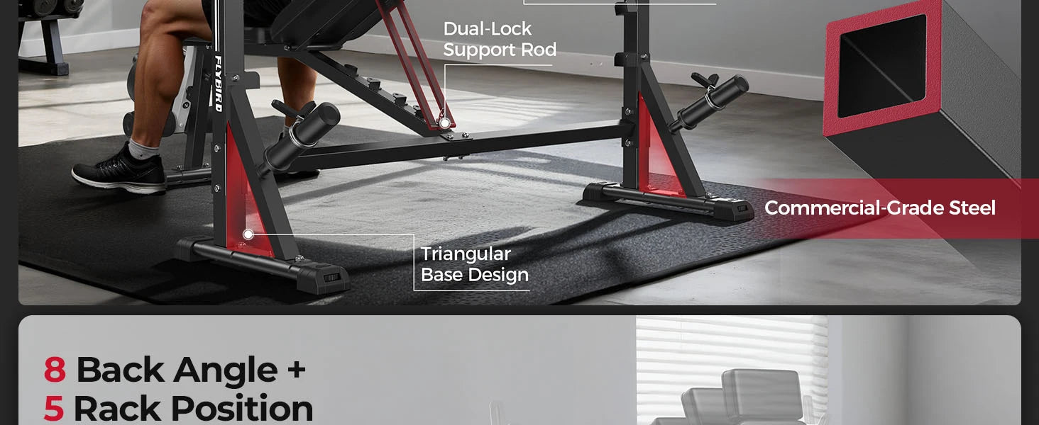 FLYBIRD Adjustable Weight Bench, with Bench Press Rack, Leg Extension and Leg curl, for Home Gym Workout，47IN-Width