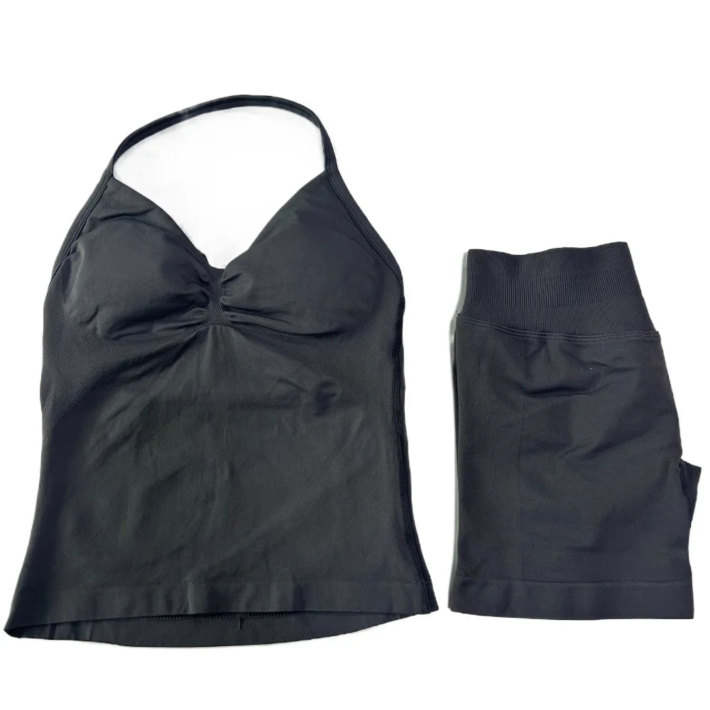 2Pcs Gym Set Women Backless Tank Tops High Waist Scrunch Seamless Shorts Gym Suit Fitness Clothes Activewear Workout Set