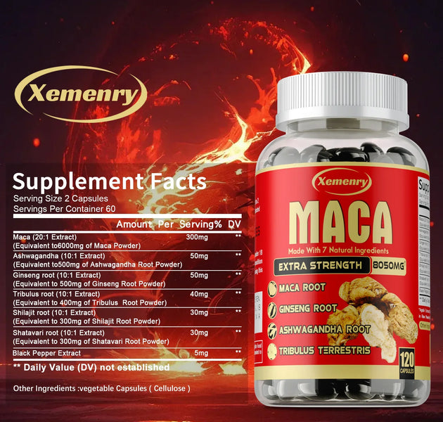 Maca Root Capsules - with Ginseng & Ashwagandha, to Support Energy, Endurance and Performance, Muscle Mass Improve