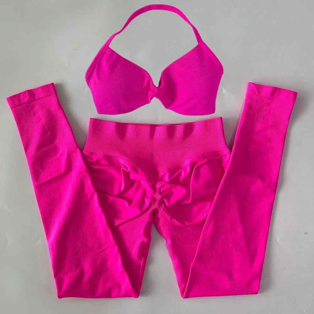2 Pieces Set For Woman Strappy Yoga Bra Sports Top Workout Leggings Set Seamless Gym Set Fitness Clothes Outfit Activewear