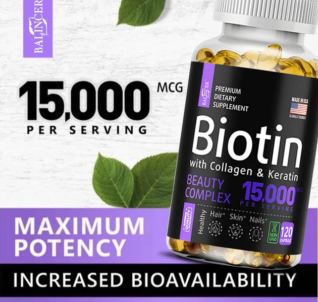 Biotin Supplement - 15,000 Mcg with Collagen and Keratin, Vitamins, Shiny Hair, Skin and Nails, Joint Health, 30/60/120 Capsules