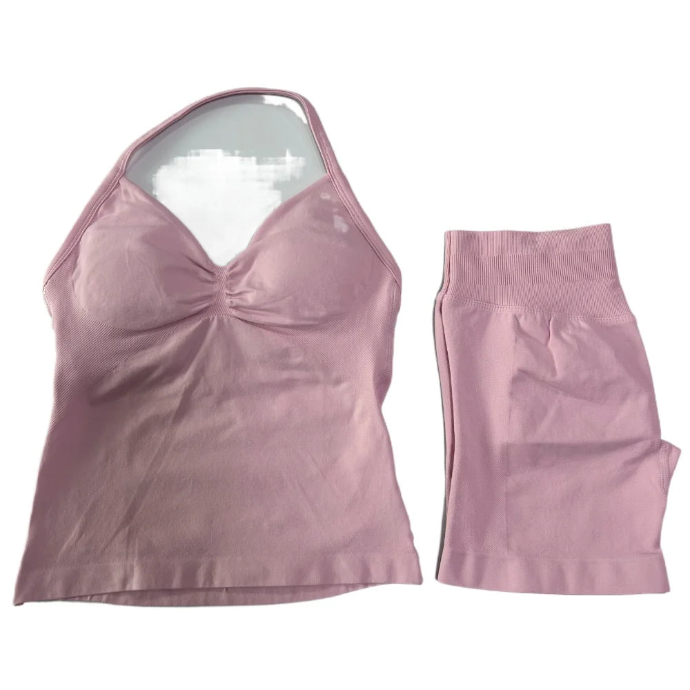 2Pcs Gym Set Women Backless Tank Tops High Waist Scrunch Seamless Shorts Gym Suit Fitness Clothes Activewear Workout Set