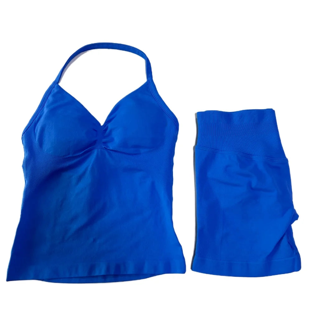 2Pcs Gym Set Women Backless Tank Tops High Waist Scrunch Seamless Shorts Gym Suit Fitness Clothes Activewear Workout Set
