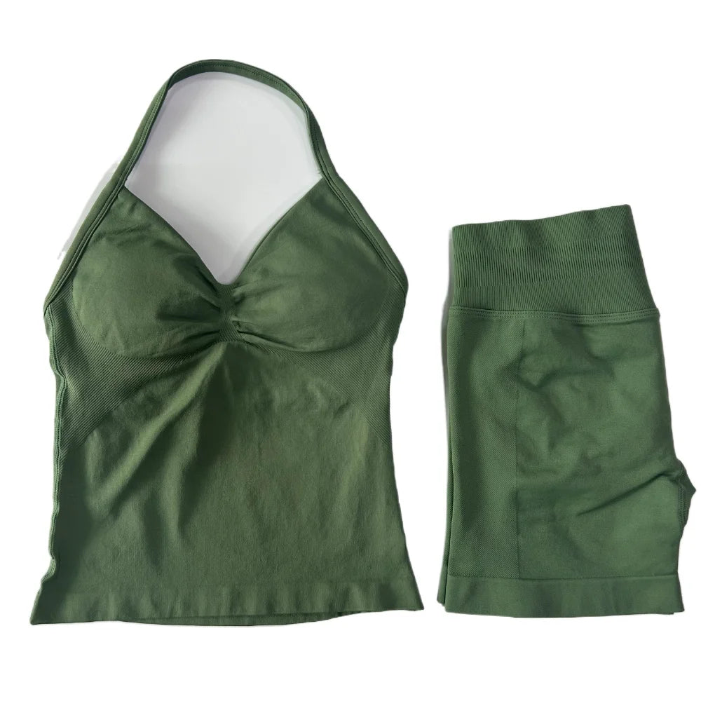 2Pcs Gym Set Women Backless Tank Tops High Waist Scrunch Seamless Shorts Gym Suit Fitness Clothes Activewear Workout Set