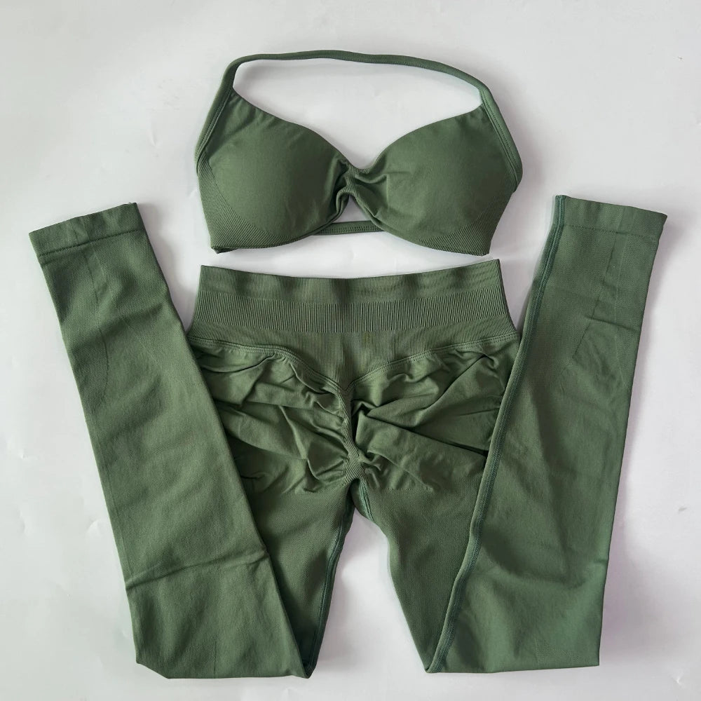 2 Pieces Set For Woman Strappy Yoga Bra Sports Top Workout Leggings Set Seamless Gym Set Fitness Clothes Outfit Activewear