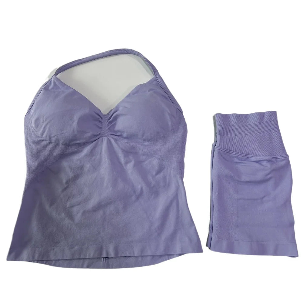 2Pcs Gym Set Women Backless Tank Tops High Waist Scrunch Seamless Shorts Gym Suit Fitness Clothes Activewear Workout Set