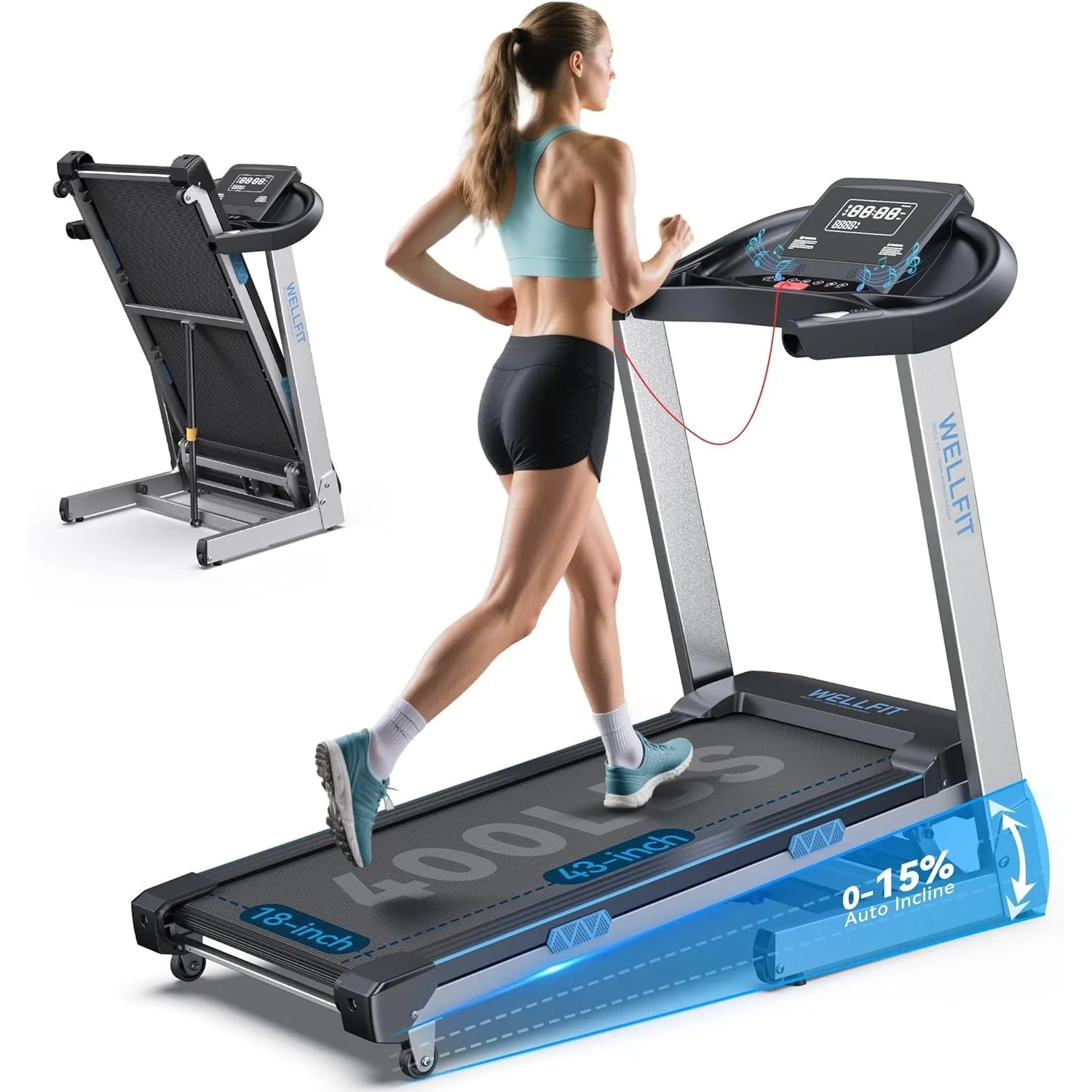 Treadmill with 15% Auto Incline, 400lbs Treadmills with Handlebar for Home, Voice Control Mute Remote, Under Desk, Customized
