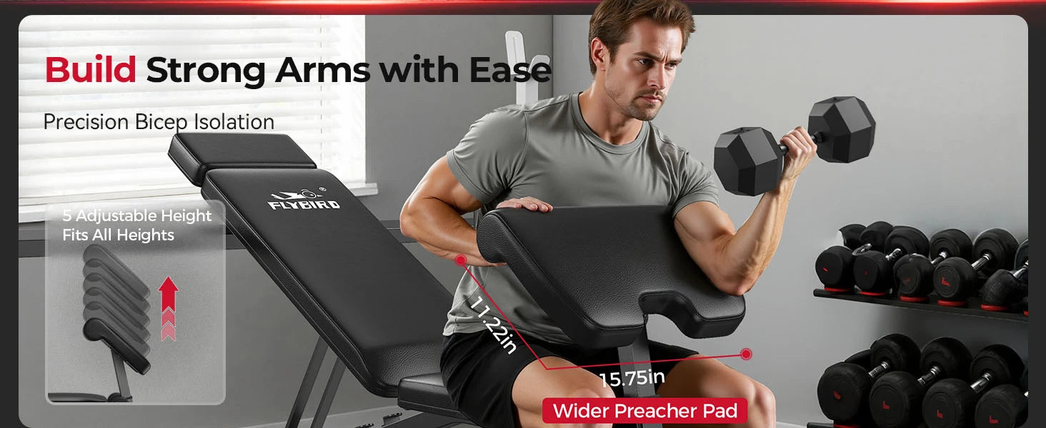 FLYBIRD Adjustable Weight Bench, with Bench Press Rack, Leg Extension and Leg curl, for Home Gym Workout，47IN-Width