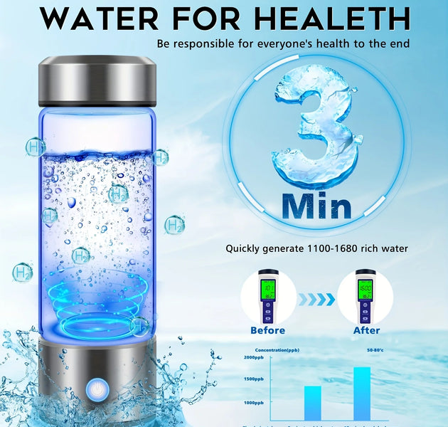 One hydrogen water bottle, hydrogen-rich water cup, USB-charged hydrogen electrolysis generator (3 minutes charge), fitness