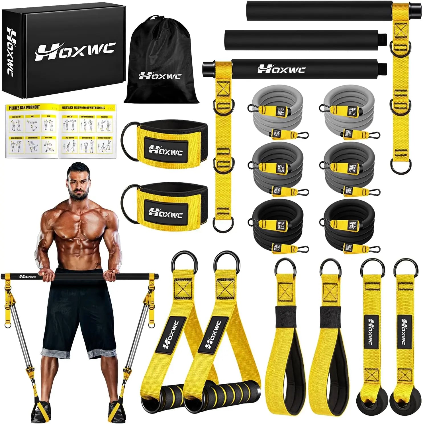Portable Pilates Bar Kit with Adjustable Resistance Bands, Home Gym Full Body Workout Equipment for Strength Training