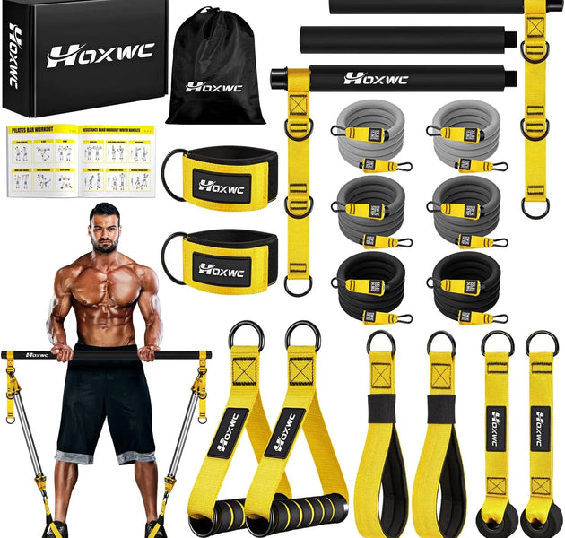 Portable Pilates Bar Kit with Adjustable Resistance Bands, Home Gym Full Body Workout Equipment for Strength Training