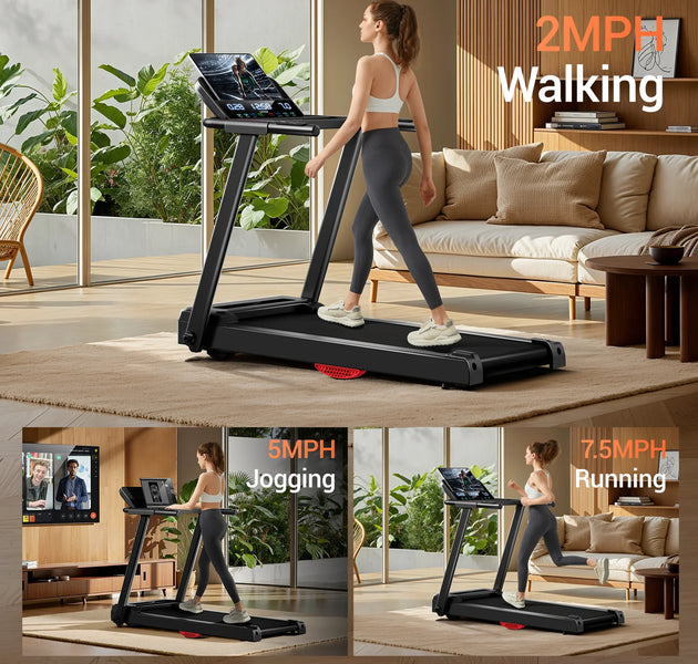 3.0HP Brushless Foldable Home Treadmill | 300LB Capacity | HR Monitor & Dual Shock Absorption | Cup/Phone Holder | Quiet Design