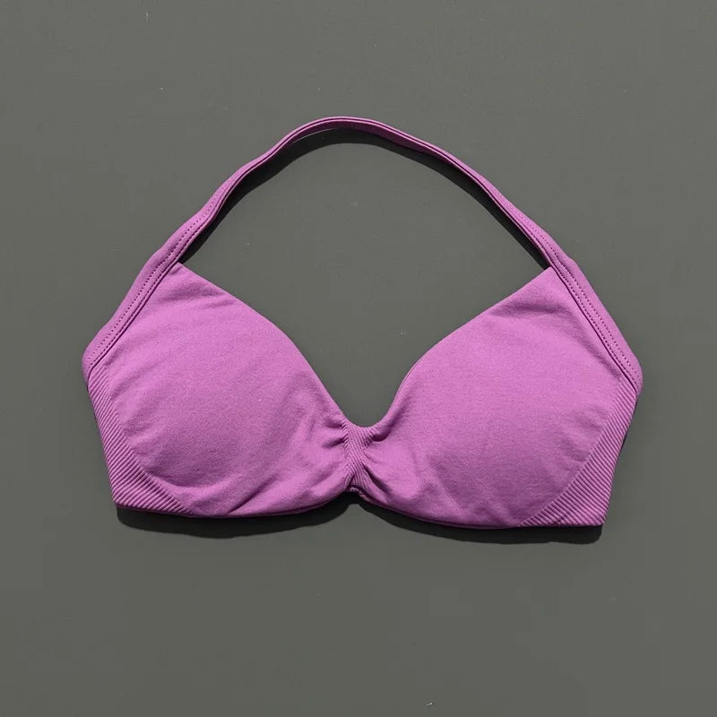 HISTELLO Impacts Strappy Bra Gym Top Women High Support Thin Strap Halter Sports Seamless Bra Scrunch Push-up Workout Yoga Tanks