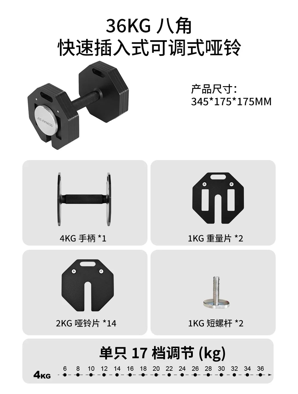 New hot selling plug-in adjustable dumbbell, detachable multifunctional octagonal dumbbell, 2kg incremental dumbbells