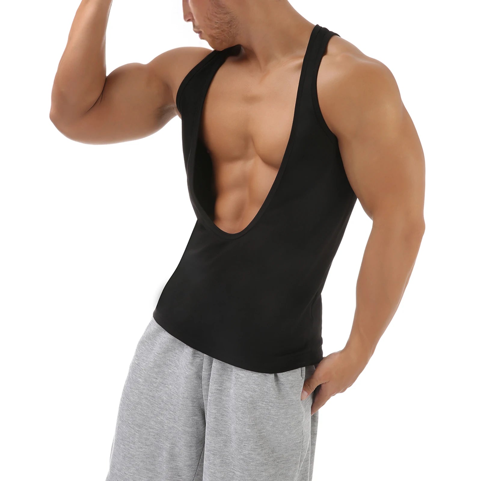 Muscle Tank Vest Men's Sports Sleeveless Shirts Sexy Deep V Neck Loose Summer Vests Solid Color T Shirts Fitness Gmy Tops