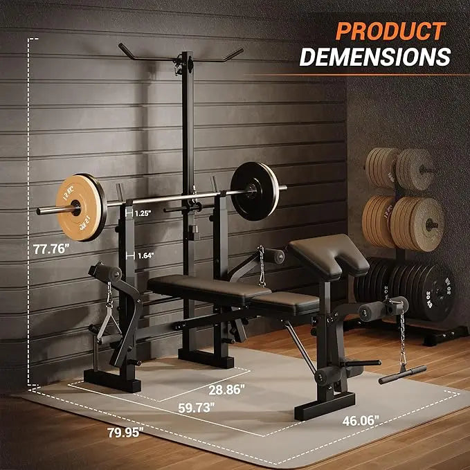 7 IN 1 Weight Bench Set with Squat Rack, Adjustable Bench Press Set with Leg Extensions, Foldable Workout Bench for Home Gym
