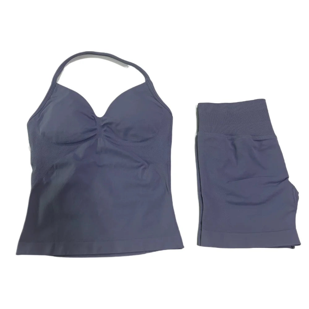 2Pcs Gym Set Women Backless Tank Tops High Waist Scrunch Seamless Shorts Gym Suit Fitness Clothes Activewear Workout Set