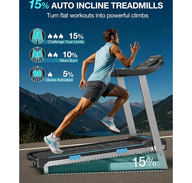 Treadmill with 15% Auto Incline, 400lbs Treadmills with Handlebar for Home, Voice Control Mute Remote, Under Desk, Customized