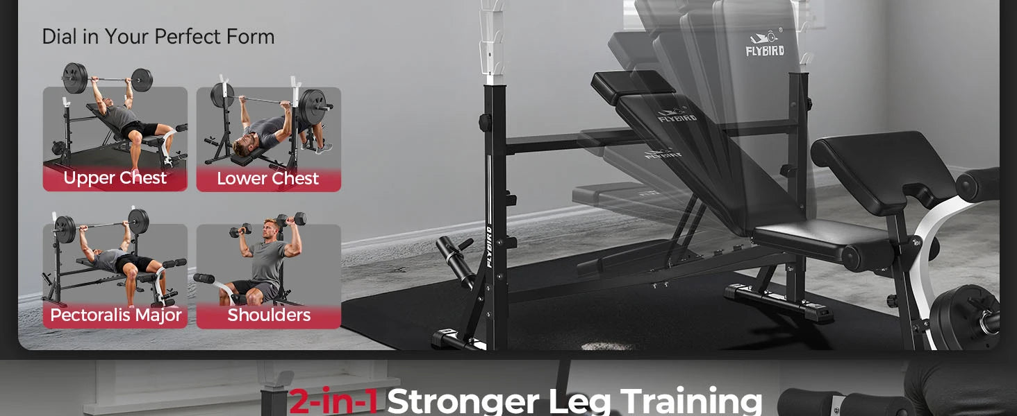 FLYBIRD Adjustable Weight Bench, with Bench Press Rack, Leg Extension and Leg curl, for Home Gym Workout，47IN-Width