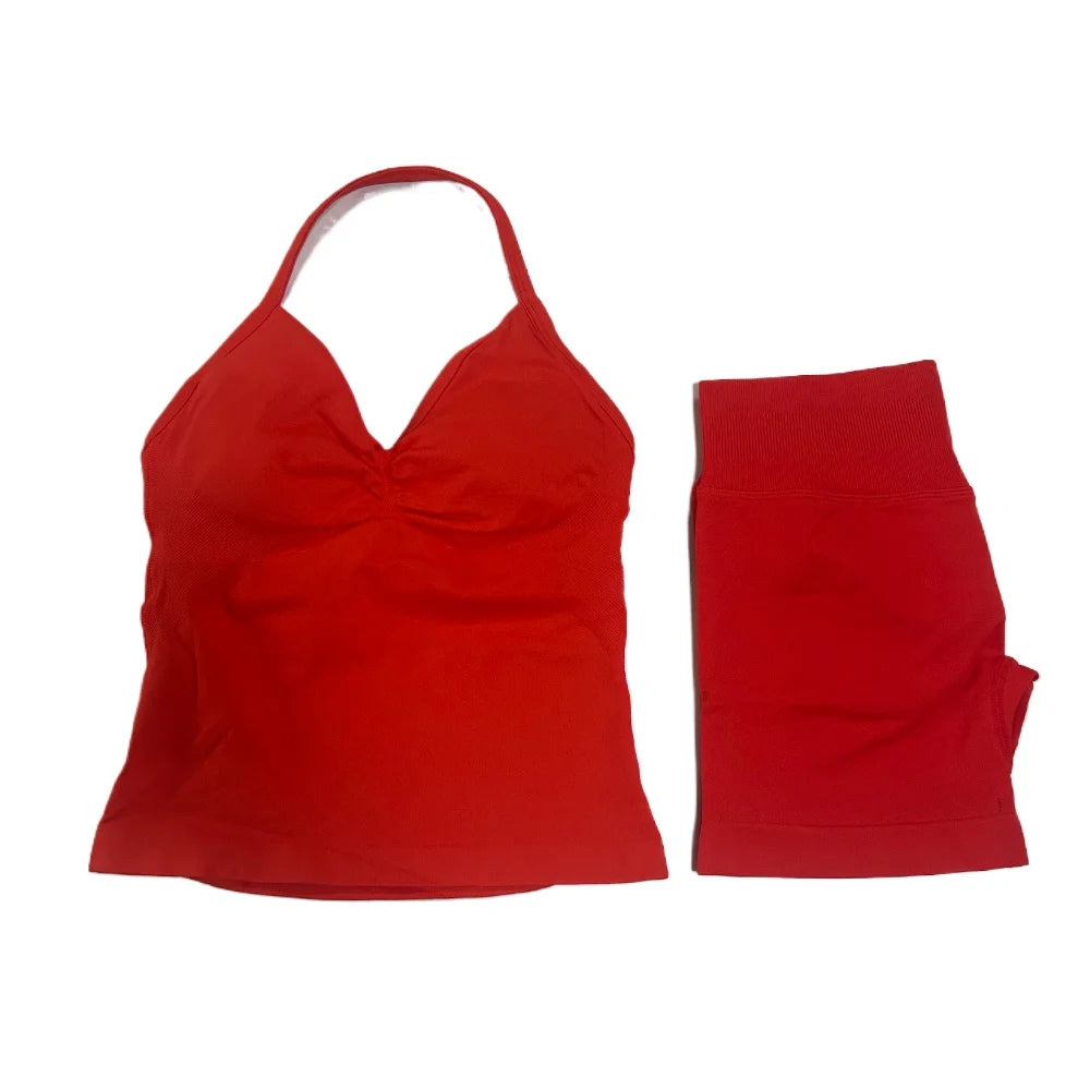 2Pcs Gym Set Women Backless Tank Tops High Waist Scrunch Seamless Shorts Gym Suit Fitness Clothes Activewear Workout Set