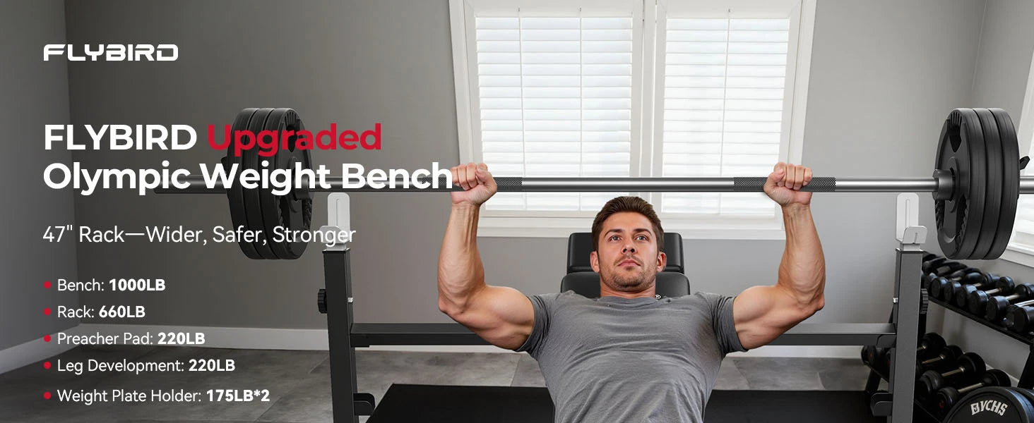 FLYBIRD Adjustable Weight Bench, with Bench Press Rack, Leg Extension and Leg curl, for Home Gym Workout，47IN-Width