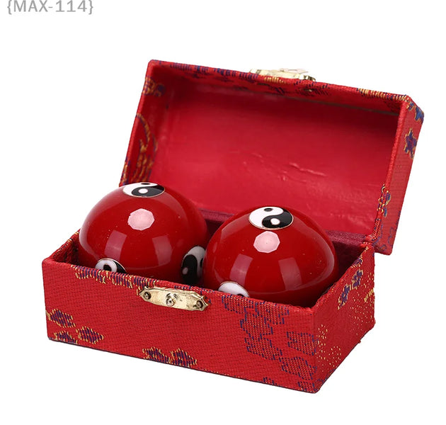 Chinese Yin Yang Meditation Balls | Red Lacquer Finish With Chromatherapy For Stress Relief & Hand Exercise