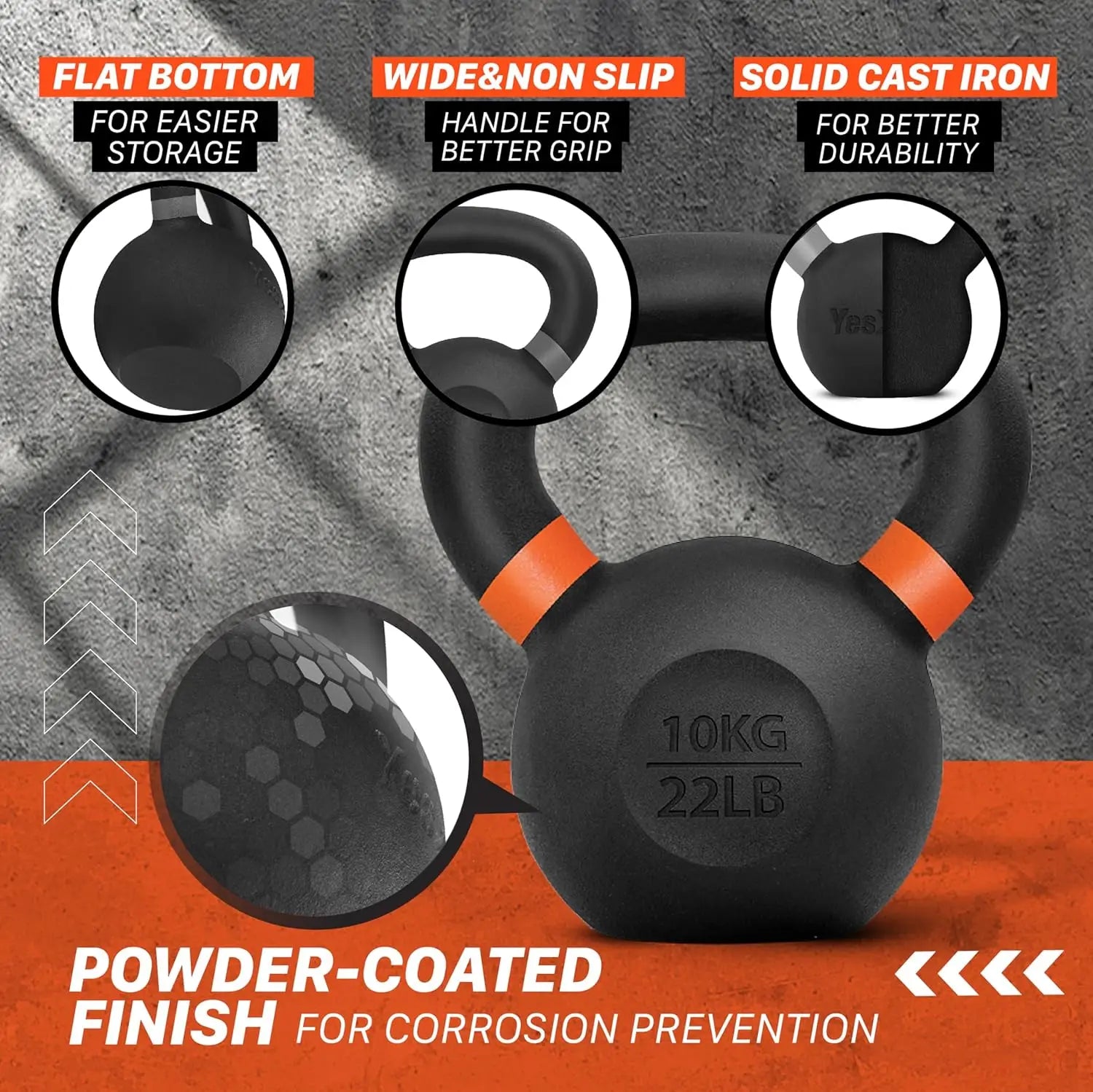 Powder Coated Kettlebell with Non-Slip Handle and Flat Bottom for Strength Training, 9lb to 71lb Options