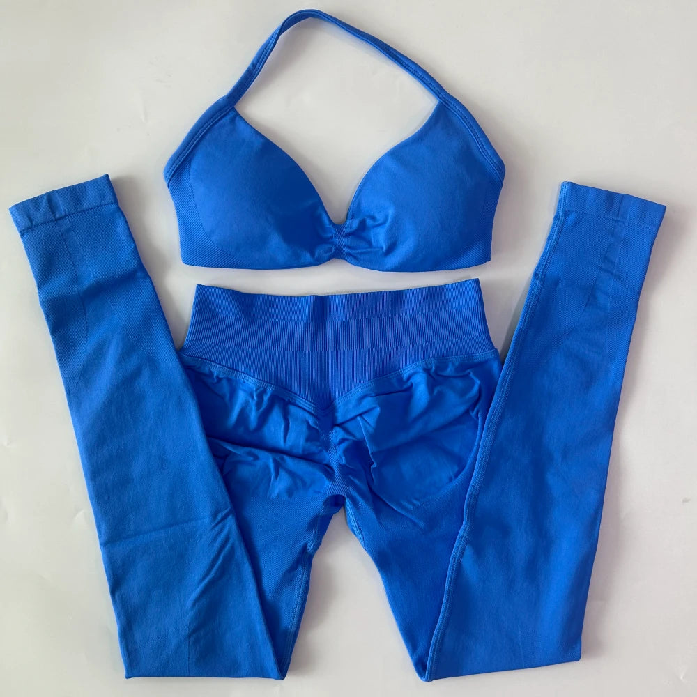 2 Pieces Set For Woman Strappy Yoga Bra Sports Top Workout Leggings Set Seamless Gym Set Fitness Clothes Outfit Activewear