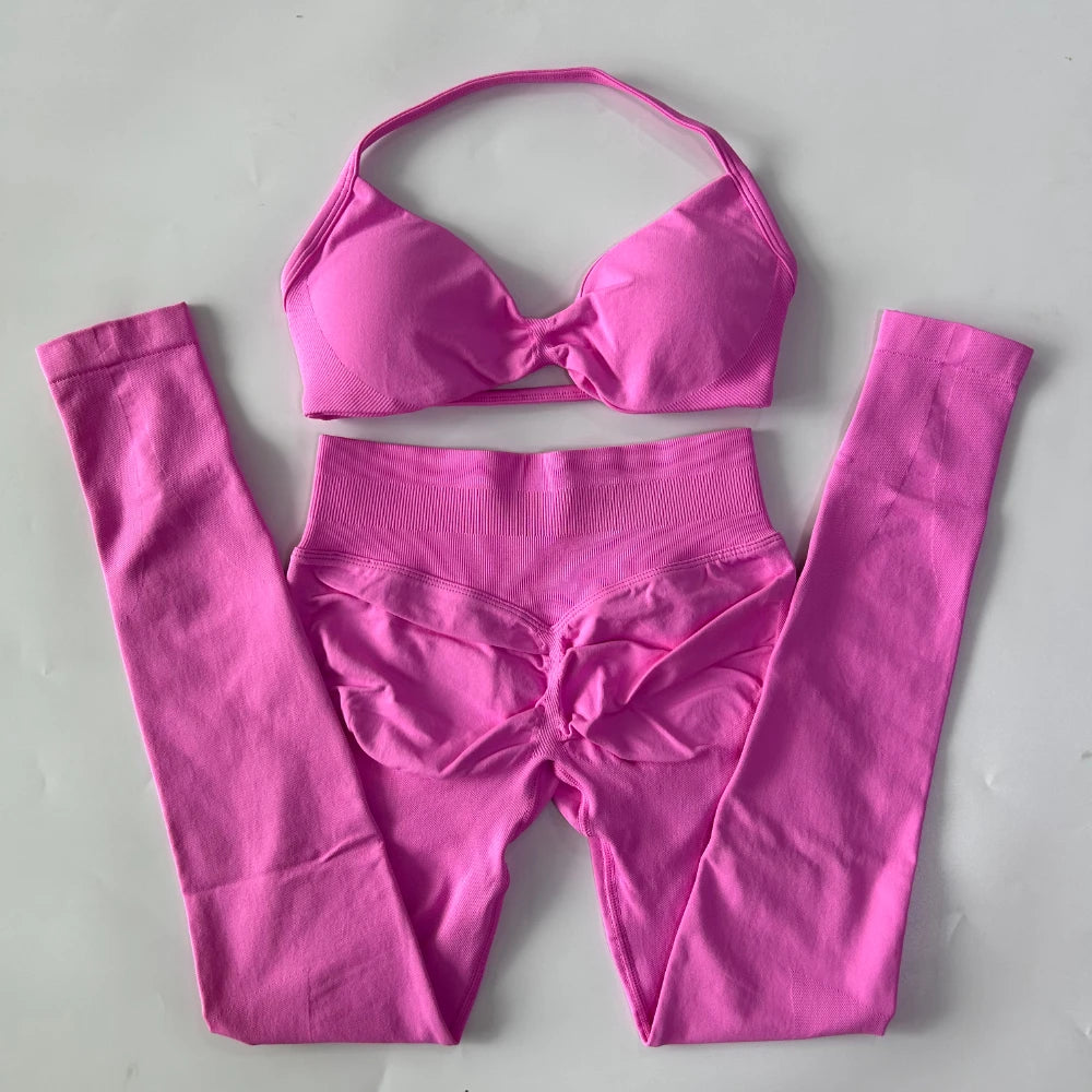 2 Pieces Set For Woman Strappy Yoga Bra Sports Top Workout Leggings Set Seamless Gym Set Fitness Clothes Outfit Activewear