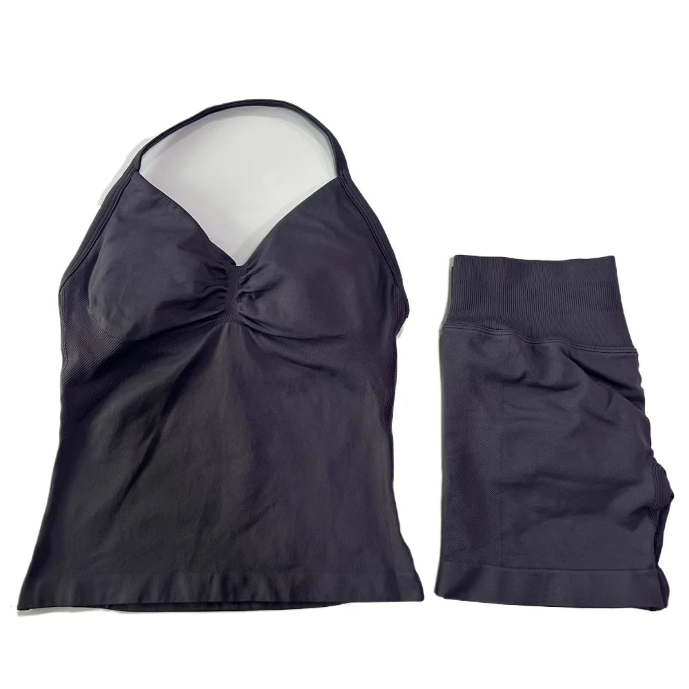 2Pcs Gym Set Women Backless Tank Tops High Waist Scrunch Seamless Shorts Gym Suit Fitness Clothes Activewear Workout Set