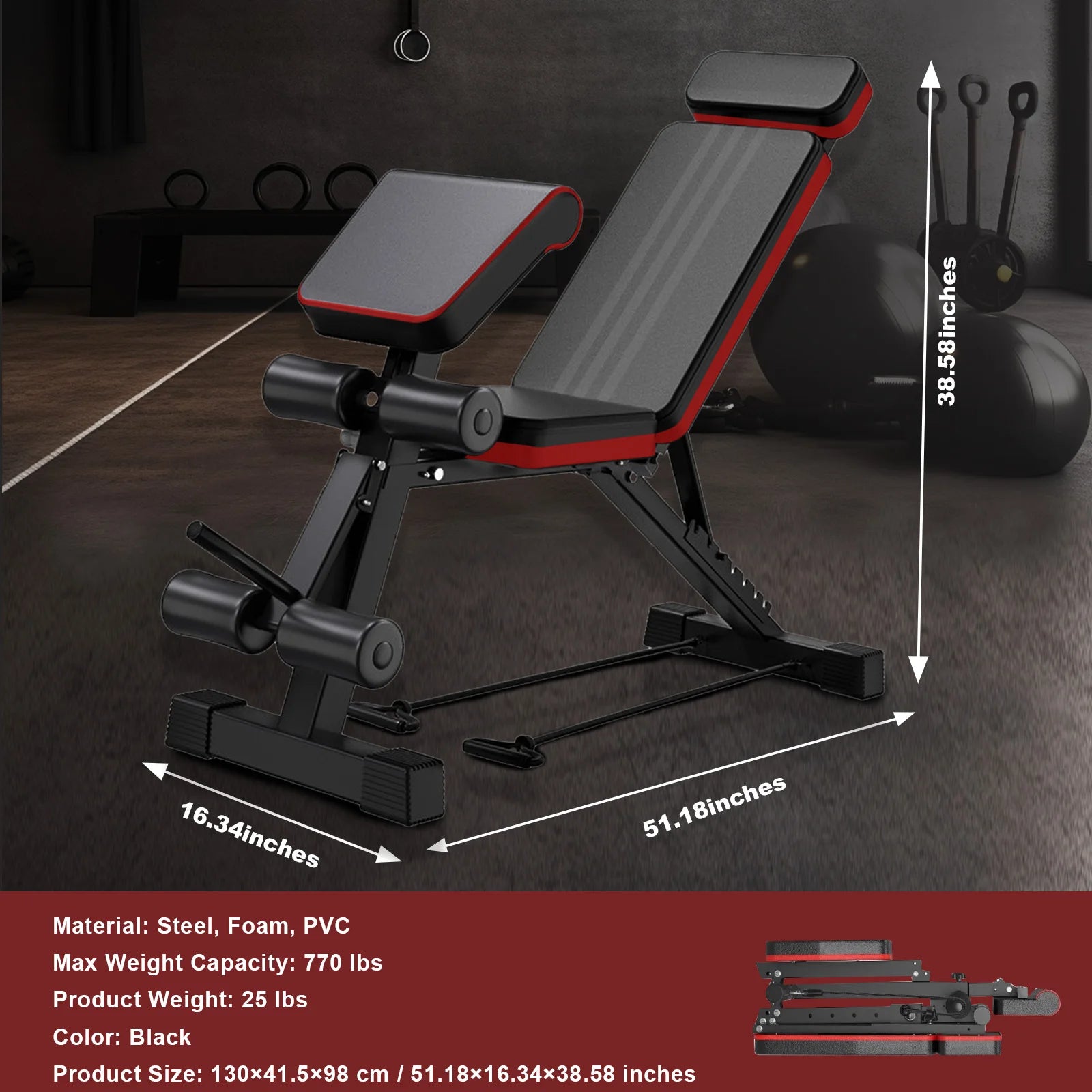 7-Level Foldable Adjustable Weight Dumbbell Bench Incline Multifunctional Bench/Headrest Leg Extended 770 lbs for Home Workouts