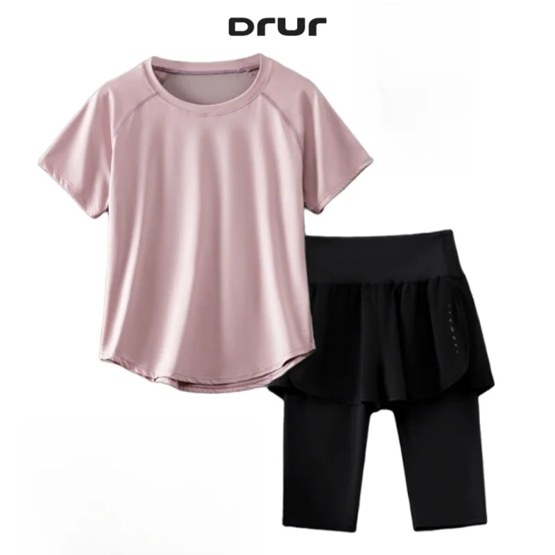 DRUR Women Yoga Suit Summer Lightweight Sport Outfit 2 in 1 High Waist Leggings Sets Fitness Workout Clothes Activewear 2025 New
