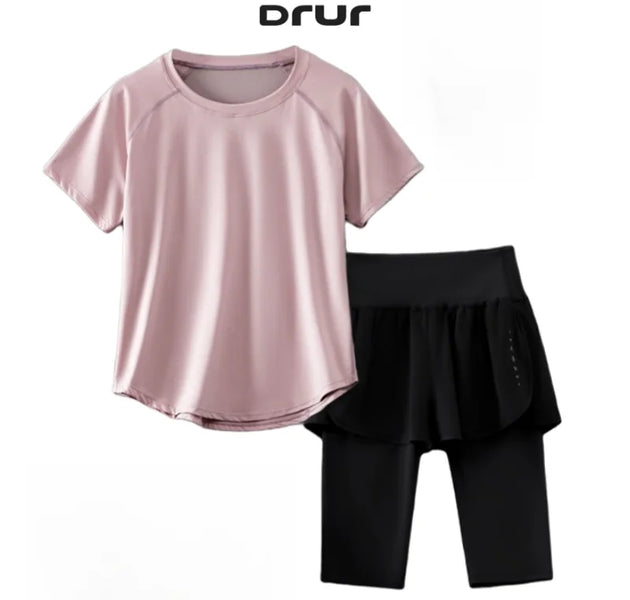 DRUR Women Yoga Suit Summer Lightweight Sport Outfit 2 in 1 High Waist Leggings Sets Fitness Workout Clothes Activewear 2025 New