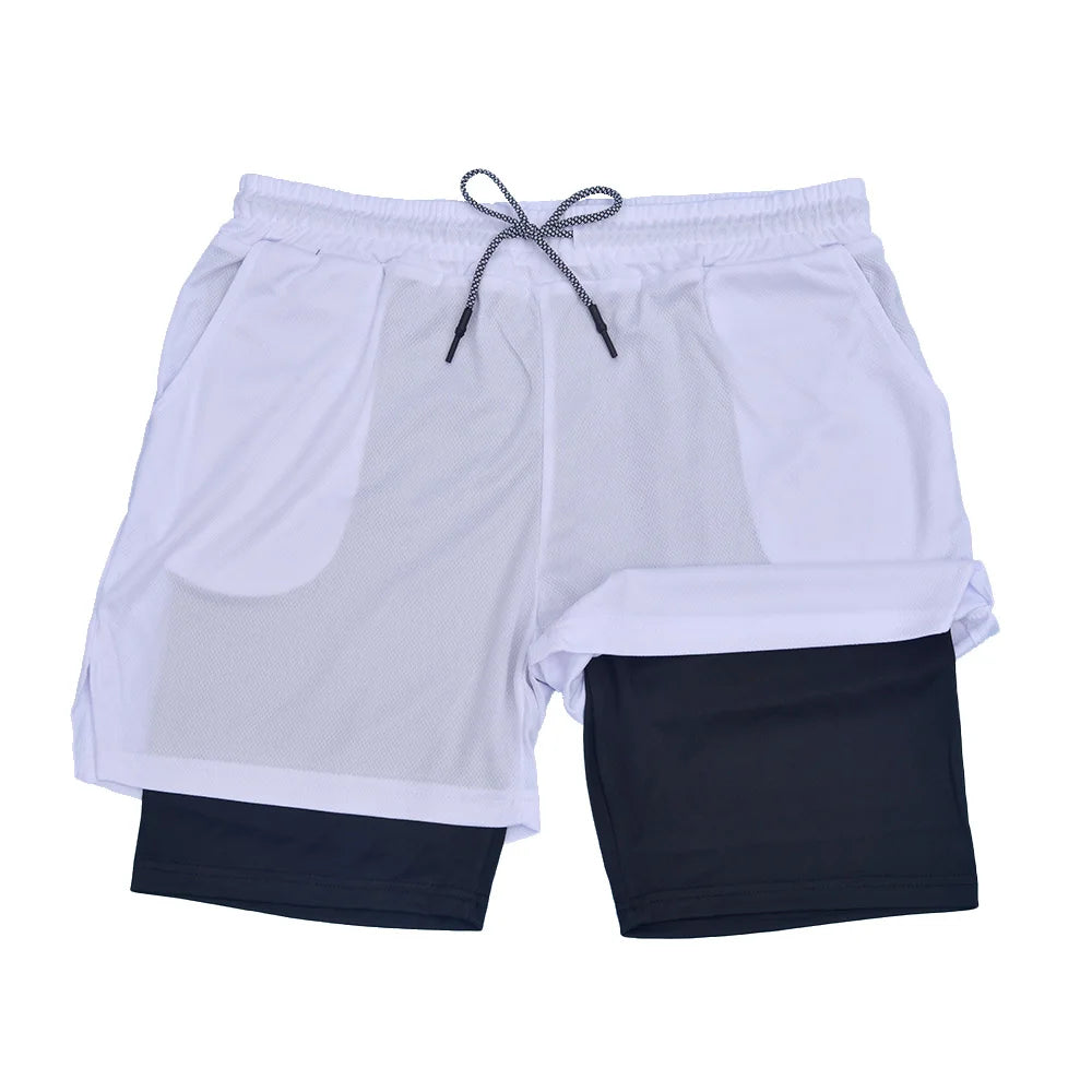 Men's Double Layer Fitness Shorts Men Fitness Gym Training 2 in 1 Sports Shorts Quick Dry Workout Jogging Double Deck Summer