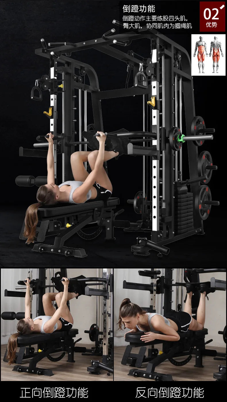 Smith Machine,Multi-Functional Exercise Equipment Home Fitness,Cage-Style,Multi-Power Adjustable, Squat Rack+Bench+100KG Weights