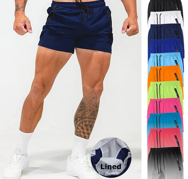 Men's Gym Workout Running Shorts with Zipper Pockets Mesh Liner Summer Sports Athletic Quick Dry Stretchy Shorts Swim Trunks