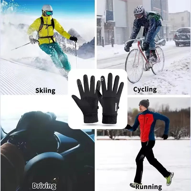 Black Winter Fleece Gloves Full Fingers Waterproof Touch Screen Cycling Outdoor Sports Running Motorcycle Ski Warm