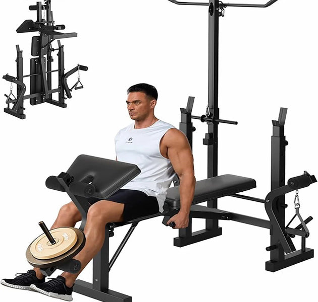 7 IN 1 Weight Bench Set with Squat Rack, Adjustable Bench Press Set with Leg Extensions, Foldable Workout Bench for Home Gym