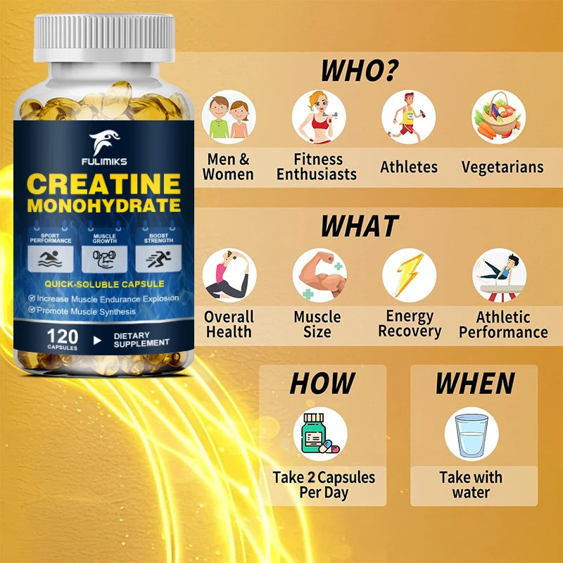 Buy 2 Get 2 Free! Premium Creatine Monohydrate Capsules, Support Muscle Growth, Strength Gains & Exercise Performance, Men