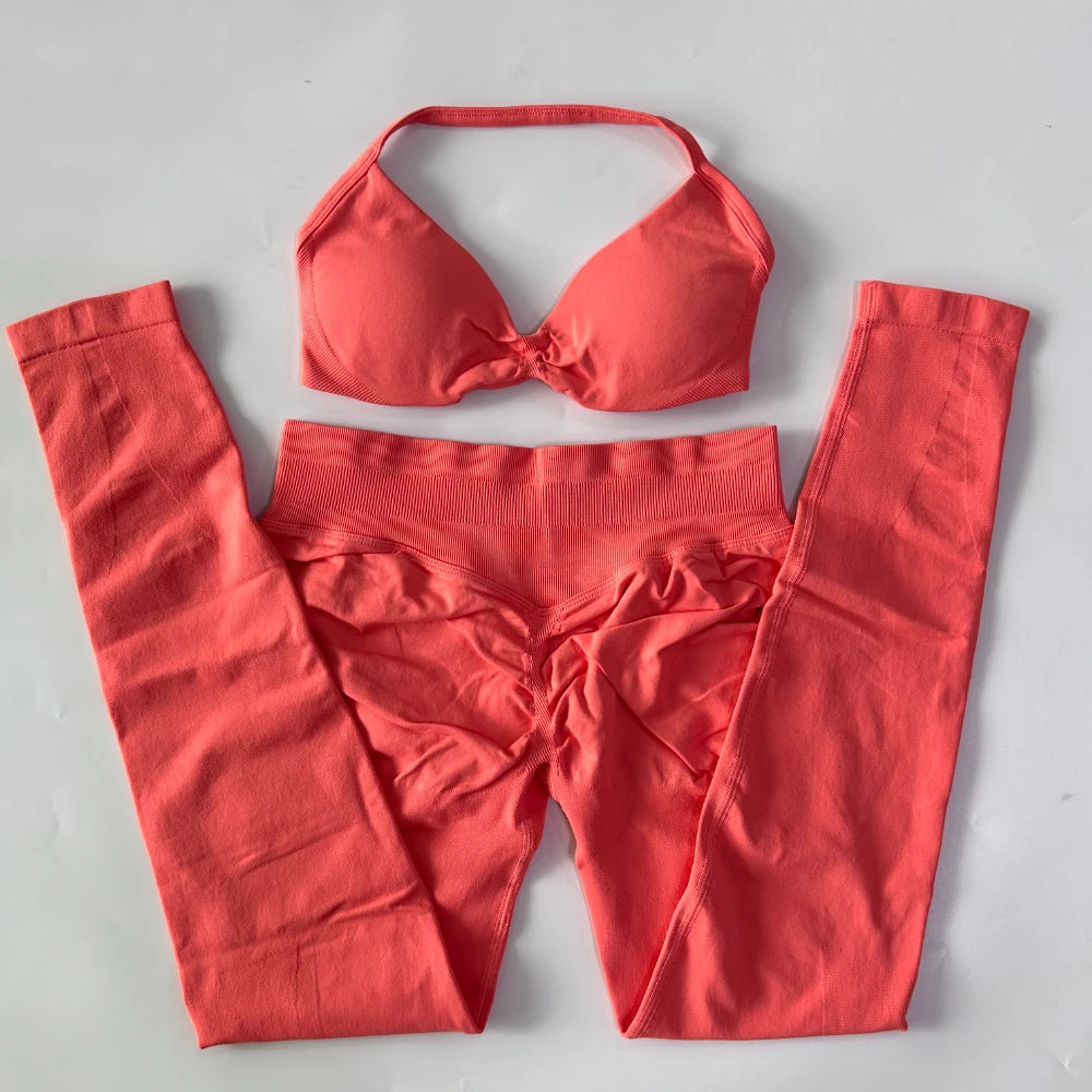 2 Pieces Set For Woman Strappy Yoga Bra Sports Top Workout Leggings Set Seamless Gym Set Fitness Clothes Outfit Activewear
