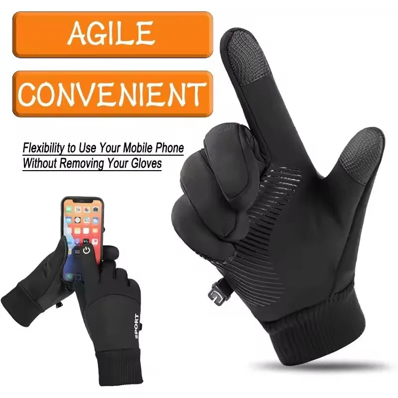 Black Winter Fleece Gloves Full Fingers Waterproof Touch Screen Cycling Outdoor Sports Running Motorcycle Ski Warm