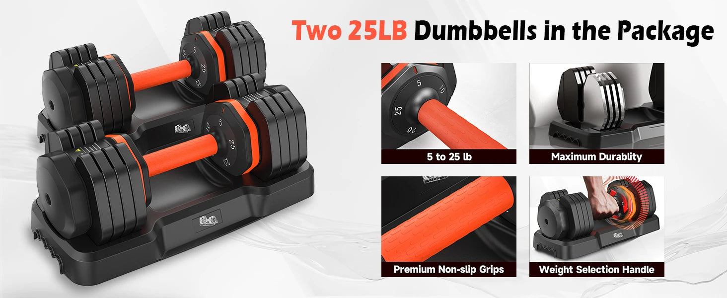 FEIERDUN Adjustable Dumbbells Set, 5LB to 25LB Dumbbell Pair,Home Gym 50lbs, Anti-Slip Handle for Exercise Equipment