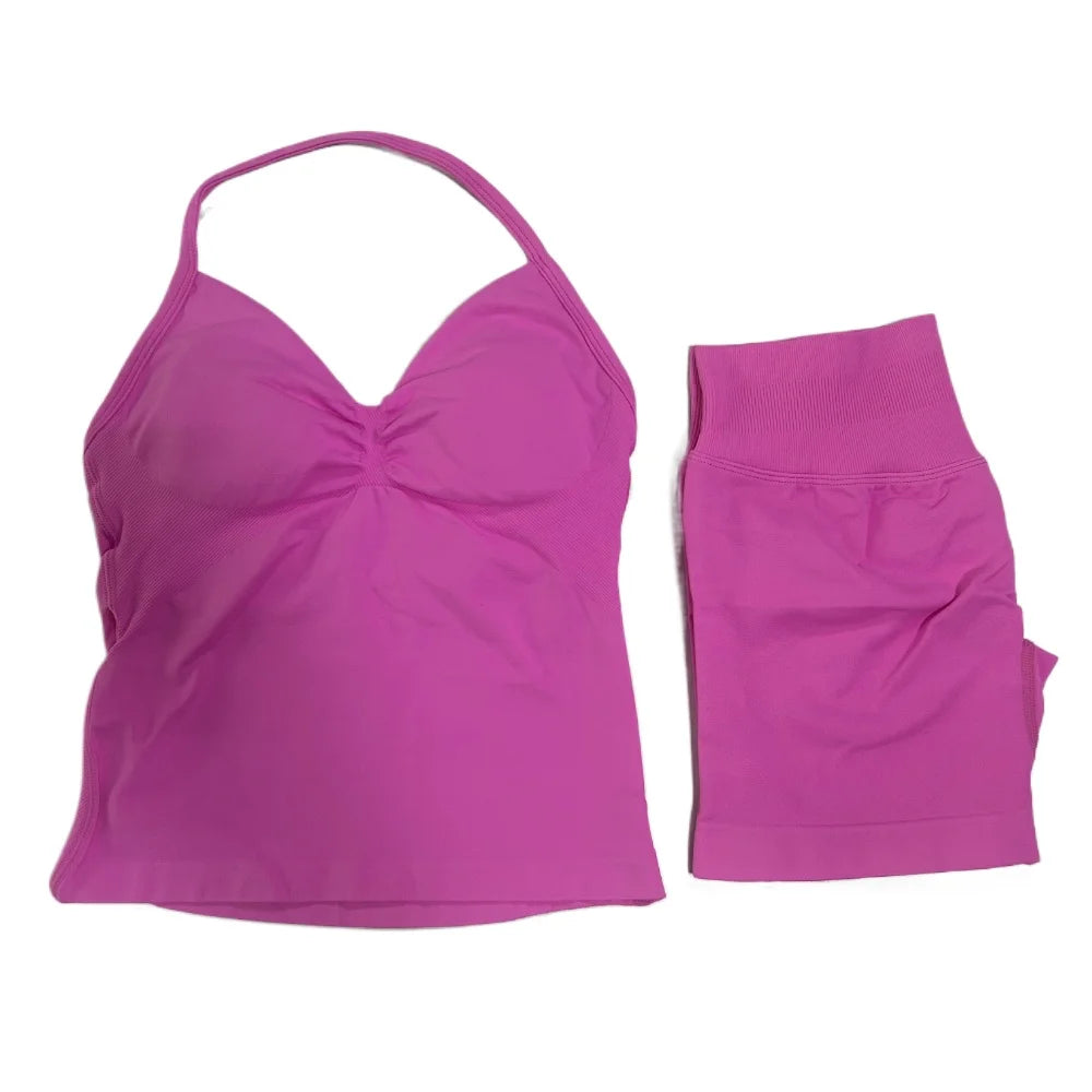 2Pcs Gym Set Women Backless Tank Tops High Waist Scrunch Seamless Shorts Gym Suit Fitness Clothes Activewear Workout Set