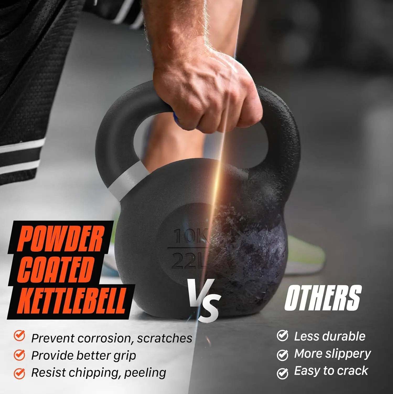 Powder Coated Kettlebell with Non-Slip Handle and Flat Bottom for Strength Training, 9lb to 71lb Options