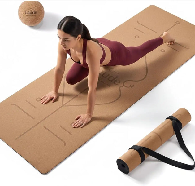 Eco-Friendly Cork Yoga Mat Set with Non-Slip Grip, Thick Cushioning, and Alignment Lines for Comfortable Workouts