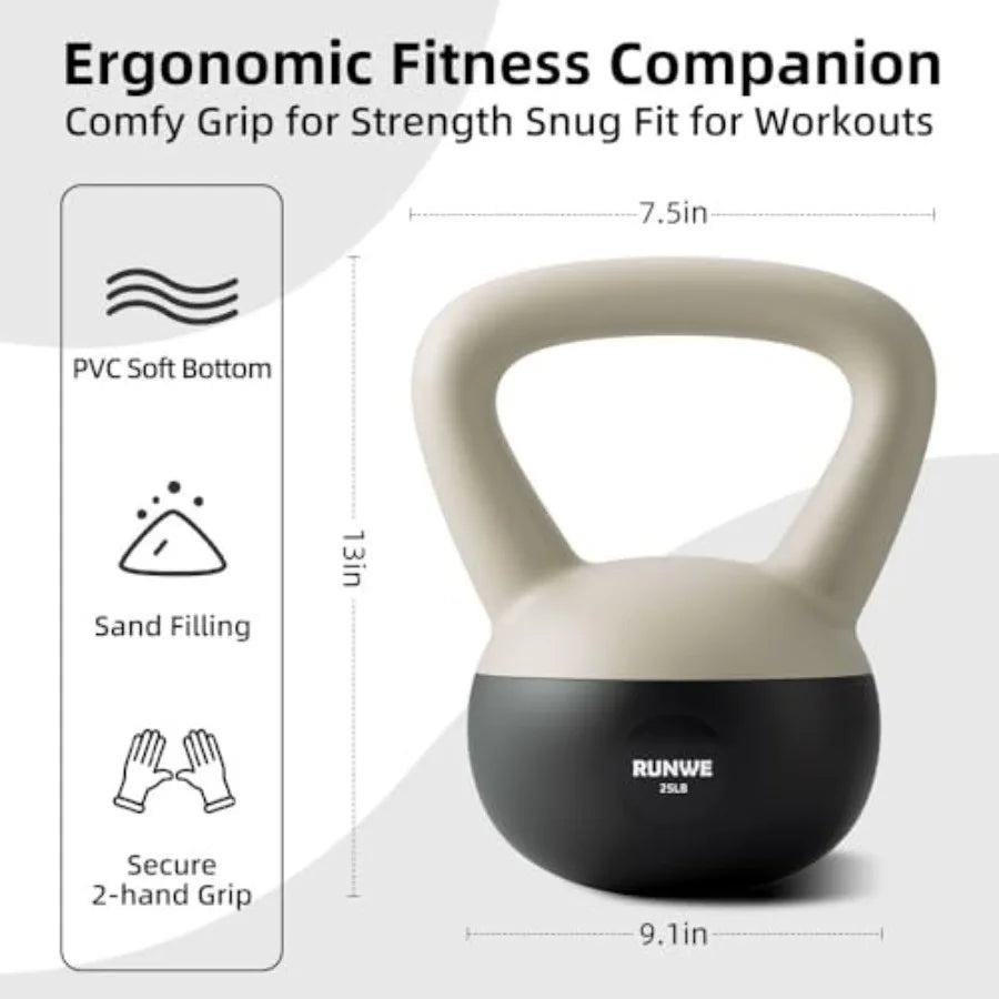 RUNWE Soft Kettlebell Sand Filled for 25 20 15 10 5 LB Soft-Sided Cushioned Base Safety Guaranteed Ideal for Men Women Beginner
