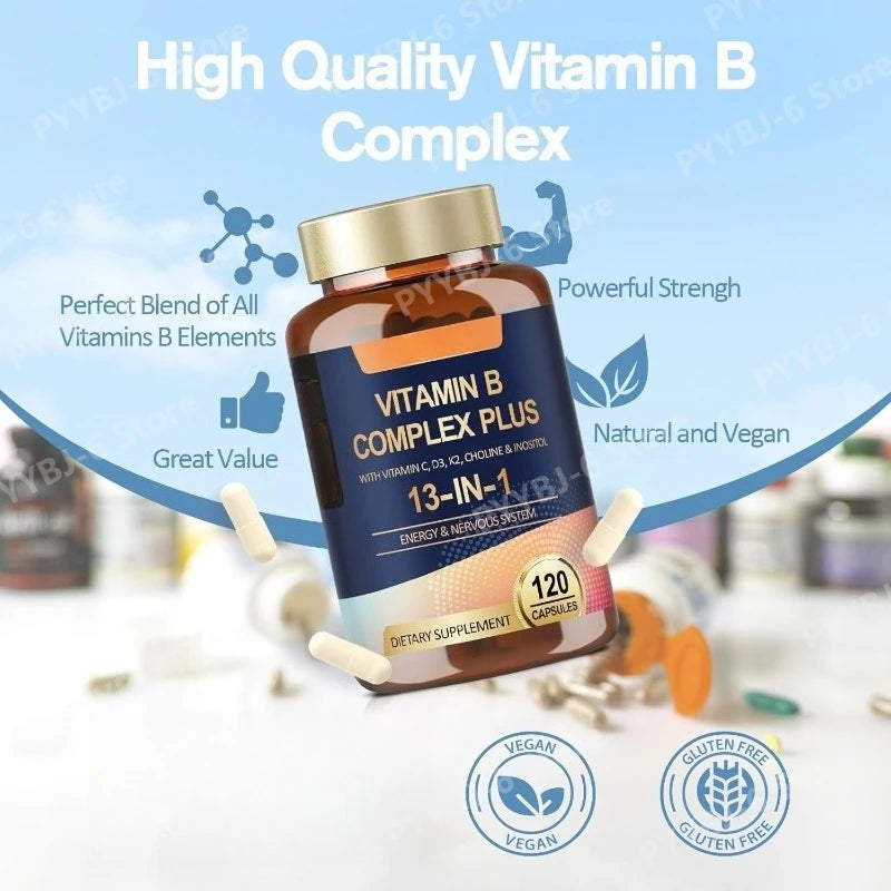 Vitamin B Complex Plus13-in-1 120Vegan Capsules Energy Support Immune Health Nerve Function Skin Wellness Antioxidant Supplement