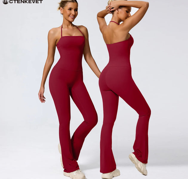Ctenkevet New Women Sleeveless Hang Neck Jumpsuit Backless Flared Activewear Female Yoga Clothes Sport Outfit For Woman Overalls